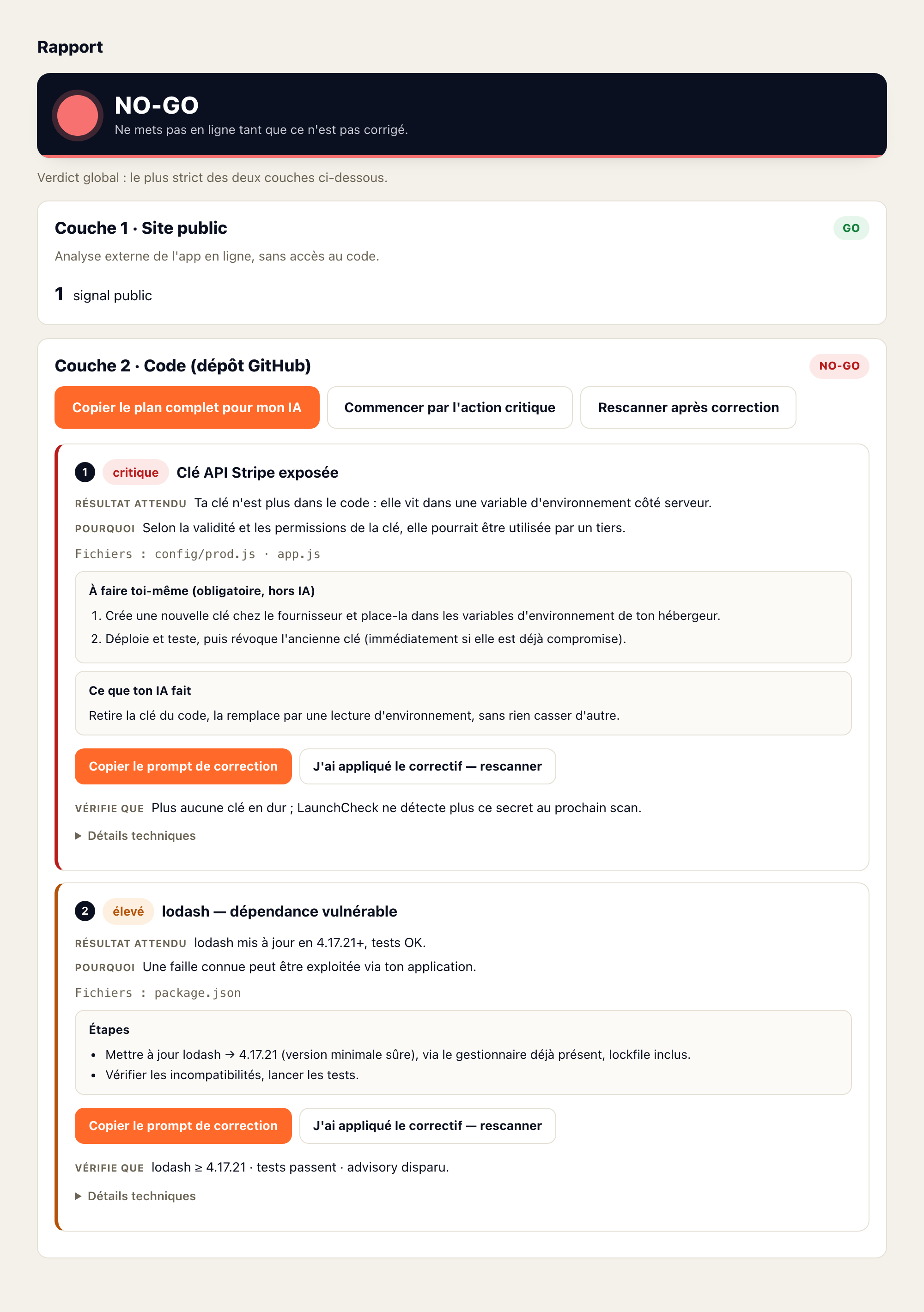 Rapport : clé Stripe exposée transformée en mission de correction, prompt prêt à coller dans ton outil IA